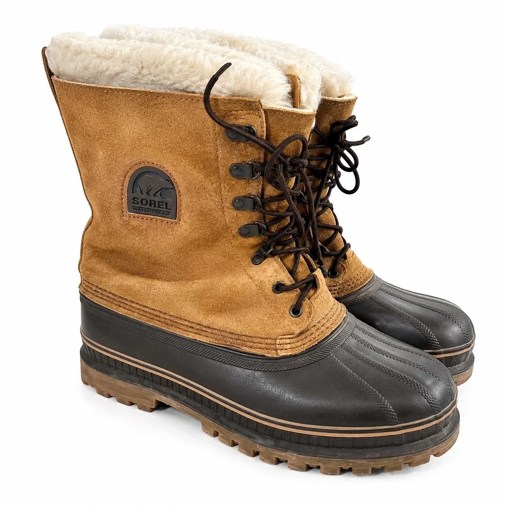 Vintage Sorel Caribou Mens 11 Winter Snow Boots Tan Suede Made Canada Waterproof